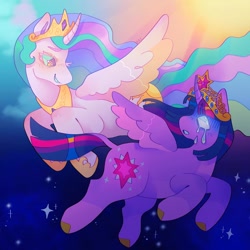 Size: 1440x1440 | Tagged: safe, artist:ariariari.png, princess celestia, twilight sparkle, alicorn, pony, g4, colored hooves, crown, crying, day, duo, glowing, glowing eyes, jewelry, night, regalia, smiling, spread wings, twilight sparkle (alicorn), wings