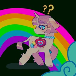 Size: 1440x1440 | Tagged: safe, artist:ariariari.png, oc, oc only, oc:cinnamon satin, hybrid, mule, pony, g4, alternate versions at source, bag, hairclip, jewelry, muleicorn, necklace, question mark, rainbow, saddle bag, solo