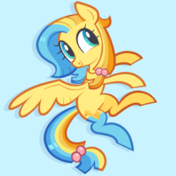 Size: 5000x5000 | Tagged: safe, artist:pilesofmiles, oc, oc only, bird, duck, pegasus, pony, g4, blue background, blue eyes, flying, multicolored hair, multicolored mane, multicolored tail, pegasus oc, pigtails, show accurate, simple background, solo, spread wings, tail, wings