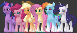 Size: 1215x522 | Tagged: safe, artist:wreckham, applejack, fluttershy, pinkie pie, rainbow dash, rarity, twilight sparkle, earth pony, pegasus, pony, unicorn, g4, g5, 3d, blender, female, g4 to g5, generation leap, gray background, group, height difference, mane six, mare, sextet, simple background, smolpie, tallerdash, unicorn twilight