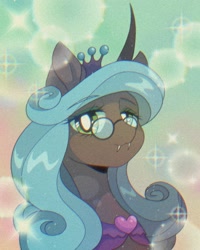 Size: 1638x2048 | Tagged: safe, artist:pierogarts, queen chrysalis, changeling, changeling queen, g4, idw, reflections, spoiler:comic, bust, fangs, female, glasses, lidded eyes, looking at you, mirror universe, portrait, reversalis, solo, sparkles