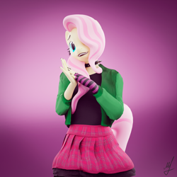 Size: 1920x1920 | Tagged: safe, artist:retro0range, fluttershy, pegasus, anthro, dtiys emoflat, g4, 3d, blender, choker, clothes, cute, draw this in your style, evening gloves, female, fingerless elbow gloves, fingerless gloves, gloves, grin, hair over one eye, hands together, head tilt, jacket, long gloves, looking up, mare, simple background, skirt, smiling, solo, spiked choker, striped gloves, tail