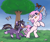 Size: 2244x1873 | Tagged: safe, artist:rivibaes, oc, oc only, oc:kayla, oc:rivibaes, butterfly, earth pony, pony, unicorn, bipedal, butterfly net, duo, female, filly, flower, flower in hair, foal, horn, jewelry, net, tree