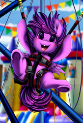 Size: 1926x2845 | Tagged: safe, artist:pridark, oc, oc:emilia starsong, pegasus, pony, bouncing, bouncy castle, bungee cord, child, female, filly, foal, happy, harness, midair, pipes, ropes, single, trampoline