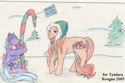 Size: 730x488 | Tagged: safe, artist:roogna, sno-glo, toboggan (g3), earth pony, pony, g3, 2005, candy, candy cane, caught, christmas, christmas card, clothes, duo, duo female, eyebrows, female, food, holiday, hood, mare, merry christmas, open mouth, outdoors, raised eyebrow, scarf, sitting, snow, tail, tongue out, traditional art, tree, unamused