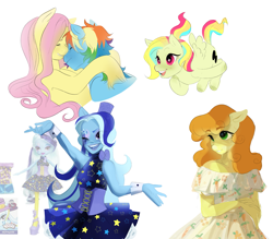 Size: 2545x2225 | Tagged: safe, artist:aztrial, carrot top, fluttershy, golden harvest, rainbow dash, trixie, oc, human, pegasus, anthro, equestria girls, g4, female, high res, lesbian, ship:flutterdash, shipping, simple background, white background