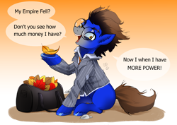 Size: 2150x1518 | Tagged: safe, artist:bliss-sundae, oc, oc only, oc:ennex, pony, autumn, bag, clothes, glasses, gradient background, insanity, leaves, male, sitting, solo, stallion, talking