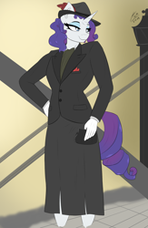 Size: 1300x2000 | Tagged: safe, artist:astrum, artist:astrum571, rarity, unicorn, anthro, g4, alternate hairstyle, clothes, coin purse, curvy, digital art, feathered hat, female, gloves, hand on hip, hat, jacket, lidded eyes, looking sideways, purse, raised shoulder, skirt, smiling, solo, suit