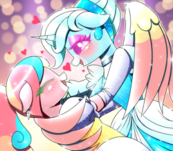 Size: 2061x1802 | Tagged: safe, artist:questionmarkdragon, oc, oc:jemimasparkle, pegasus, unicorn, semi-anthro, arm hooves, choker, cinderella, clothes, dancing, dress, duo, female, floppy ears, horn, hug, lesbian, makeup, oc x oc, pegasus oc, shipping, smiling, unicorn oc, winghug, wings