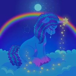 Size: 1440x1440 | Tagged: safe, artist:ariariari.png, misty brightdawn, pony, unicorn, g5, cloud, colored belly, crying, female, fetlock tuft, mare, moon, night, ponytober, purple belly, rainbow, sitting, solo, stars