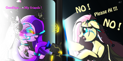 Size: 3508x1760 | Tagged: safe, artist:questionmarkdragon, fluttershy, oc, oc:april iris, gynoid, pegasus, pony, robot, robot pony, g4, artificial intelligence, computer, crying, dialogue, duo, female, mare, sad, story included