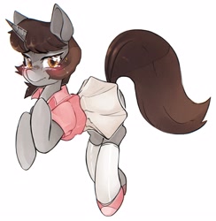 Size: 3941x4032 | Tagged: safe, artist:haichiroo, oc, oc only, oc:silver bubbles, pony, unicorn, blushing, clothes, crossdressing, embarrassed, femboy, male, miniskirt, simple background, skirt, solo, sports, tennis, white background