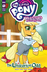 Size: 2063x3131 | Tagged: safe, artist:robin easter, idw, official comic, applejack, earth pony, pony, g4, my little pony classics reimagined: the unicorn of odd, official, spoiler:comic, apple, apple tree, applejack's hat, bow, clothes, comic cover, cowboy hat, dorothy gale, female, flower, hair bow, hat, high res, mare, munchkin country, my little pony logo, overalls, oz, poppy, rearing, silver shoes, the unicorn of odd, the wizard of oz, tree, yellow brick road