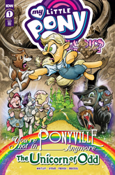 Size: 2063x3131 | Tagged: safe, artist:andypriceart, idw, official comic, applejack, fluttershy, granny smith, pinkie pie, queen chrysalis, rarity, winona, changeling, changeling queen, earth pony, monkey, pegasus, pony, unicorn, winged monkey, g4, my little pony classics reimagined: the unicorn of odd, official, spoiler:comic, applejack's hat, bipedal, clothes, comic cover, cowardly lion, cowboy hat, dorothy gale, emerald city, gritted teeth, hat, high res, hourglass, house, my little pony logo, nick chopper, overalls, quote, rainbow, teeth, the scarecrow, the unicorn of odd, the wizard of oz, tin man, tin woodsman, tornado, toto, wicked witch of the west, winkie, witch, yellow brick road