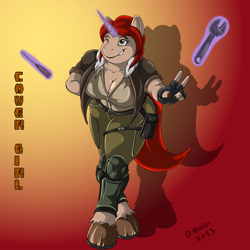 Size: 1000x1000 | Tagged: safe, artist:quicktron, unicorn, anthro, unguligrade anthro, bomber jacket, breasts, cleavage, clothes, cover girl, female, fingerless gloves, g.i. joe, gloves, glowing, glowing horn, gradient background, horn, jacket, magic, military uniform, one eye closed, peace sign, ponified, screwdriver, signature, smiling, solo, telekinesis, uniform, wink, wrench