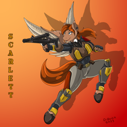 Size: 1000x1000 | Tagged: safe, artist:quicktron, pegasus, anthro, unguligrade anthro, body armor, clothes, crossbow, ear piercing, earring, female, fingerless gloves, g.i. joe, gloves, gradient background, jewelry, piercing, ponified, scarlett, signature, smiling, solo, spread wings, weapon, wings