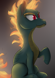 Size: 2894x4093 | Tagged: safe, artist:infy_ti, derpibooru exclusive, tianhuo (tfh), dragon, hybrid, longma, them's fightin' herds, community related, female, fire, mane on fire, sitting, solo, tail, tail of fire