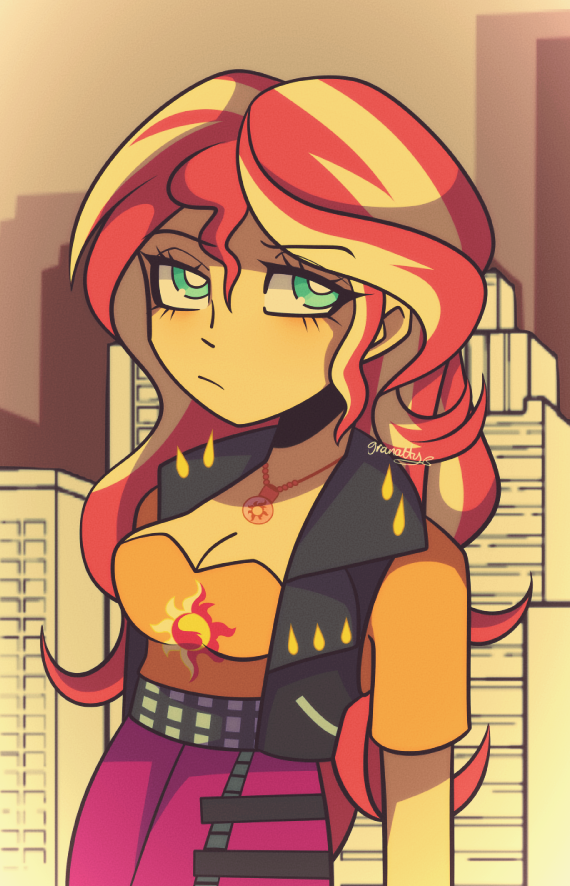 [breasts,city,cityscape,cleavage,equestria girls,female,frown,safe,signature,solo,sunset shimmer,magical geodes,busty sunset shimmer,geode of empathy,artist:granatty]