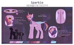 Size: 2913x1755 | Tagged: safe, artist:sparkie45, oc, oc:sparkie, alicorn, dragon, hybrid, pony, fangs, forked tongue, reference sheet, solo, uvula