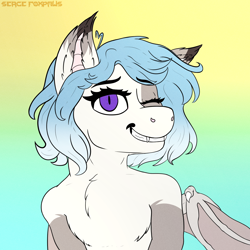 Size: 2000x2000 | Tagged: safe, artist:sergefoxpaws, oc, oc only, bat pony, semi-anthro, chest fluff, commission, fangs, gradient background, high res, human shoulders, icon, smiling, solo, wings