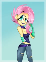 Size: 833x1110 | Tagged: safe, artist:catanymoon, fluttershy, human, equestria girls, g4, my little pony equestria girls: better together, the road less scheduled, the road less scheduled: fluttershy, anatomically incorrect, belly button, blue background, breasts, busty fluttershy, cleavage, female, flutterpunk, simple background, smiling, solo