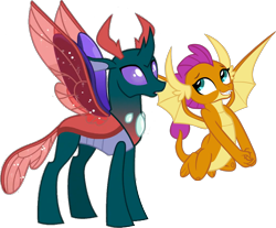 Size: 982x813 | Tagged: safe, artist:memnoch, artist:pascalmulokozi2, edit, edited screencap, screencap, vector edit, pharynx, smolder, changedling, changeling, dragon, g4, school daze, to change a changeling, background removed, crack shipping, cute, dragoness, duo, female, flying, innocent, male, not a vector, prince pharynx, shipping, simple background, smolderbetes, smolrynx, spread wings, straight, transparent background, vector, wings