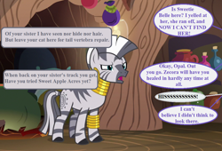 Size: 1056x720 | Tagged: safe, edit, edited screencap, editor:korora, screencap, zecora, zebra, g4, it isn't the mane thing about you, sisterhooves social, bracelet, dialogue, ear piercing, earring, hissing, implied opalescence, implied rarity, implied sweetie belle, jewelry, offscreen character, piercing, speech bubble, zecora's hut