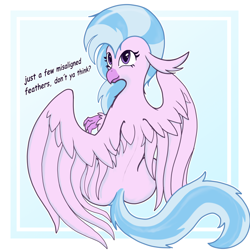 Size: 1800x1800 | Tagged: safe, artist:darkgred, silverstream, classical hippogriff, hippogriff, g4, behaving like a bird, birb, butt, female, grooming, preening, simple background, sitting, solo, spine, streambutt, wings