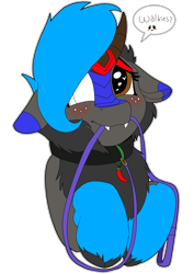 Size: 2072x2930 | Tagged: safe, artist:brainiac, oc, oc only, oc:heccin pepperino, kirin, blushing, collar, cute, fangs, female, high res, leash, mare, ocbetes, pet play, simple background, solo, starry eyes, text, transparent background, walkies, wingding eyes
