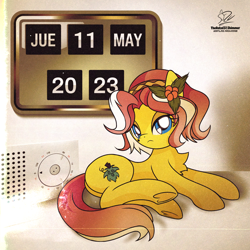 Size: 1920x1920 | Tagged: safe, artist:theratedrshimmer, vignette valencia, earth pony, pony, g4, butt, calendar, clock, cute, equestria girls ponified, female, looking at you, mare, plot, ponified, solo, spanish