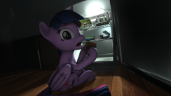 Size: 3840x2160 | Tagged: safe, artist:darkad8000, twilight sparkle, alicorn, pony, g4, 3d, burger, caught, eating, female, food, hamburger, high res, looking at you, mare, midnight snack, night, refrigerator, sitting, solo, source filmmaker, twilight sparkle (alicorn)