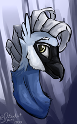 Size: 1000x1600 | Tagged: safe, artist:stardustspix, oc, oc only, oc:carbonado, bird, hippogriff, macaw, parrot, spix's macaw, beak, bust, colored eyebrows, colored eyelashes, hippogriff oc, male, portrait, solo, yellow eyes