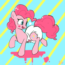 Size: 1920x1920 | Tagged: safe, artist:duckchip, pinkie pie, earth pony, pony, g4, abstract background, blushing, diaper, diaper fetish, diapered, female, fetish, looking back, mare, non-baby in diaper, poofy diaper, smiling, solo, white diaper
