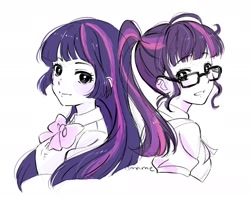 Size: 1536x1212 | Tagged: safe, artist:5mmumm5, sci-twi, twilight sparkle, human, equestria girls, g4, back to back, duo, duo female, female, glasses, human paradox, self paradox, simple background, twolight, white background