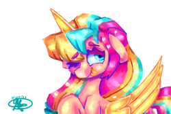 Size: 3600x2400 | Tagged: safe, alternate version, artist:mannybcadavera, sunny starscout, alicorn, earth pony, pony, g5, eyebrows, eyebrows visible through hair, female, floppy ears, high res, mane stripe sunny, mare, one eye closed, race swap, signature, simple background, smiling, solo, sunnycorn, tongue out, white background