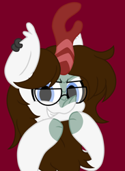 Size: 1918x2618 | Tagged: safe, artist:derpyalex2, oc, oc only, kirin, pony, cloven hooves, digital art, ear piercing, glasses, kirin oc, piercing, red background, simple background, smug