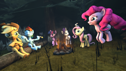 Size: 3840x2160 | Tagged: safe, artist:darkad8000, applejack, fluttershy, pinkie pie, rainbow dash, rarity, twilight sparkle, alicorn, earth pony, pegasus, pony, rabbit, unicorn, g4, 3d, angry, animal, campfire, camping, fire, food, forest, happy, high res, laughing, mane six, smiling, source filmmaker, twilight sparkle (alicorn)