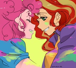 Size: 878x790 | Tagged: safe, artist:5mmumm5, pinkie pie, sunset shimmer, human, equestria girls, g4, duo, duo female, female, lesbian, looking at each other, looking at someone, paint stains, ship:sunsetpie, shipping, side view, smiling, smiling at each other