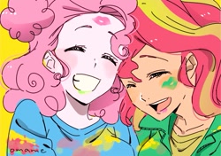 Size: 895x631 | Tagged: safe, artist:5mmumm5, pinkie pie, sunset shimmer, human, equestria girls, g4, duo, duo female, female, kiss mark, laughing, lesbian, lipstick, paint stains, ship:sunsetpie, shipping, simple background, smiling, yellow background
