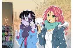 Size: 1301x870 | Tagged: safe, artist:5mmumm5, sci-twi, sunset shimmer, twilight sparkle, equestria girls, g4, clothes, ear piercing, earring, female, glasses, hairclip, jewelry, lesbian, piercing, scarf, ship:sci-twishimmer, ship:sunsetsparkle, shipping, store, winter outfit