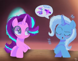 Size: 2048x1623 | Tagged: safe, artist:petaltwinkle, starlight glimmer, trixie, twilight sparkle, alicorn, pony, unicorn, g4, duo, eyes closed, female, great and powerful, mare, smiling, speech bubble, twilight sparkle (alicorn)