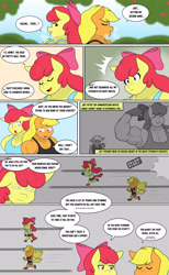 Size: 1889x3072 | Tagged: safe, artist:matchstickman, apple bloom, applejack, earth pony, anthro, plantigrade anthro, matchstickman's apple brawn series, tumblr:where the apple blossoms, g4, abs, apple bloom's bow, apple brawn, apple sisters, applejacked, armpits, biceps, bow, breasts, busty apple bloom, busty applejack, clothes, comic, deltoids, dialogue, duo, emanata, female, flexing, hair bow, mare, muscles, muscular female, older, older apple bloom, pecs, siblings, sisters, speech bubble, sweat, sweet apple acres, triceps, tumblr comic