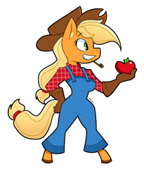 Size: 1737x2121 | Tagged: safe, artist:tysobro, applejack, earth pony, anthro, unguligrade anthro, g4, apple, breasts, busty applejack, clothes, female, food, grin, hand on hip, mare, overalls, plaid shirt, shirt, simple background, smiling, solo, straw in mouth, unmoving plaid, white background