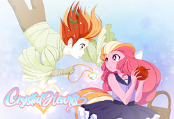 Size: 3482x2400 | Tagged: safe, artist:happypaca, oc, oc only, oc:comet radiance, oc:honeycrisp blossom, human, equestria girls, g4, abstract background, apple, bandage, bandaged arm, basket, clothes, dress, duo, duo male and female, falling, female, food, high res, jewelry, leaves, leaves in hair, looking at each other, looking at someone, male, necklace, offspring, parent:big macintosh, parent:princess cadance, parents:cadmac