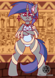 Size: 2480x3508 | Tagged: safe, artist:draconightmarenight, oc, oc only, oc:dreaming star, bat pony, bat pony unicorn, hybrid, pony, unicorn, ankha zone, bandage, bat pony oc, bipedal, chest fluff, collar, colored sketch, crossdressing, diadem, ear fluff, egyptian, eyelashes, fangs, high res, horn, male, meme, monthly reward, pale belly, prince, red eyes, sketch, solo, trap