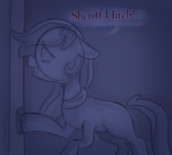 Size: 779x700 | Tagged: safe, anonymous artist, dahlia, earth pony, pony, series:misty pov, g5, clothes, dialogue, female, floppy ears, flower, flower in hair, implied hitch trailblazer, mare, maretime bay, monochrome, offscreen character, raised hoof, scarf, solo, unshorn fetlocks, worried