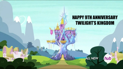 Size: 1280x720 | Tagged: safe, screencap, g4, my little pony: friendship is magic, twilight's kingdom, anniversary, castle, hub logo, logo, no pony, the hub, twilight's castle