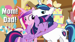 Size: 1280x720 | Tagged: safe, alternate version, edit, edited screencap, editor:incredibubbleirishguy, screencap, princess cadance, shining armor, twilight sparkle, alicorn, pony, g4, the one where pinkie pie knows, alternate, alternate timeline, alternate universe, alternate versions, butt, cake, caption, cute, food, hug, image macro, plot, text, twiabetes, twibutt, twilight sparkle (alicorn)