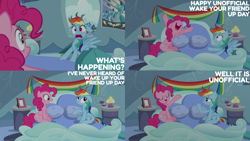 Size: 2000x1125 | Tagged: safe, edit, edited screencap, editor:quoterific, screencap, pinkie pie, rainbow dash, earth pony, pegasus, pony, g4, secrets and pies