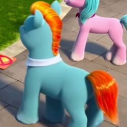 Size: 366x366 | Tagged: safe, screencap, dahlia, toots, earth pony, pony, ali-conned, g5, my little pony: make your mark, my little pony: make your mark chapter 2, spoiler:g5, spoiler:my little pony: make your mark, coat markings, collar, duo, female, male, mare, maretime bay, neckerchief, socks (coat markings), solo focus, stallion, unshorn fetlocks, vulgar description